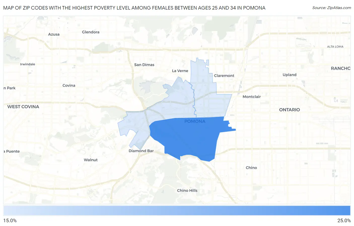 Zip Codes with the Highest Poverty Level Among Females Between Ages 25 and 34 in Pomona Map