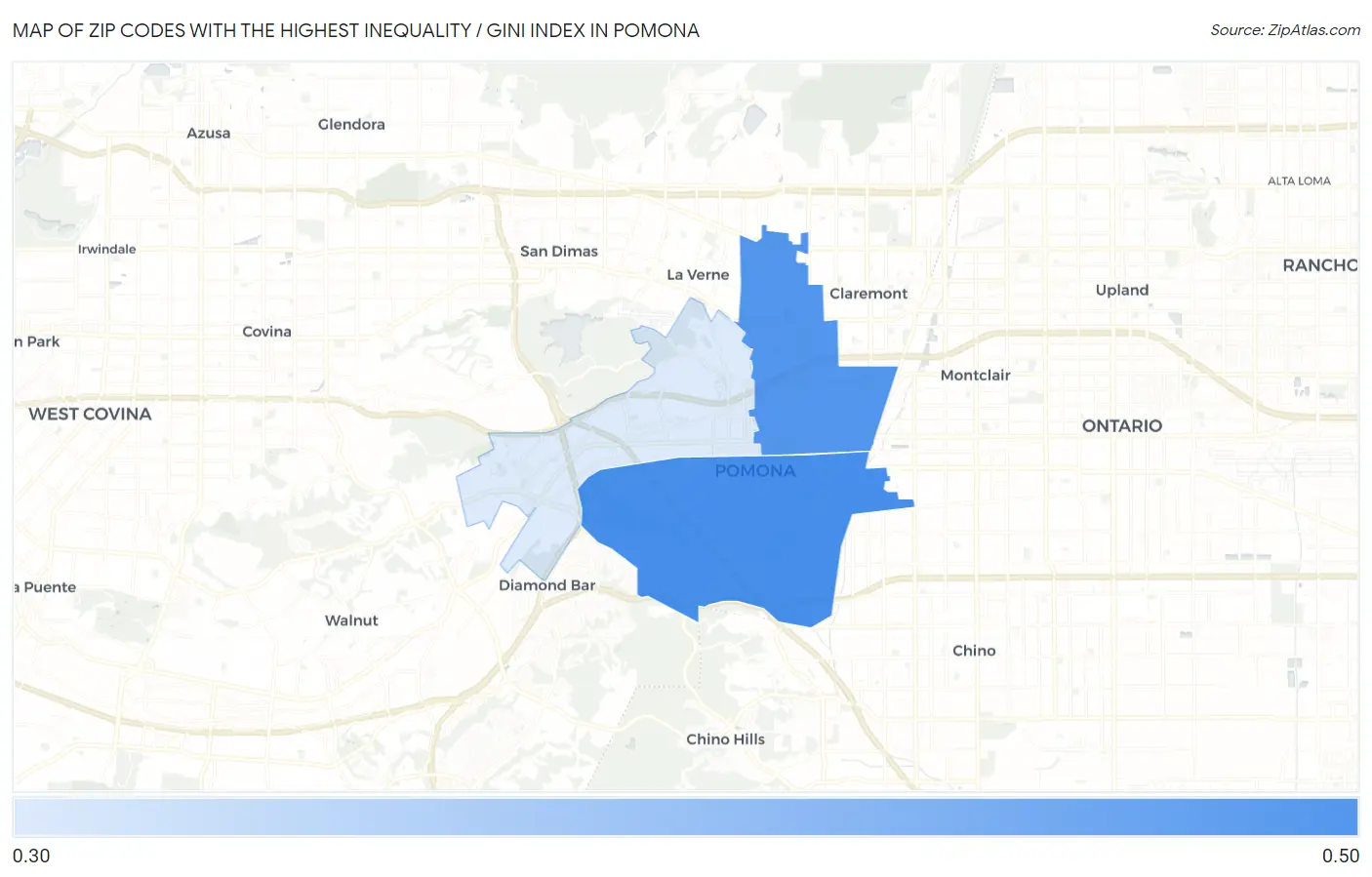 Zip Codes with the Highest Inequality / Gini Index in Pomona Map
