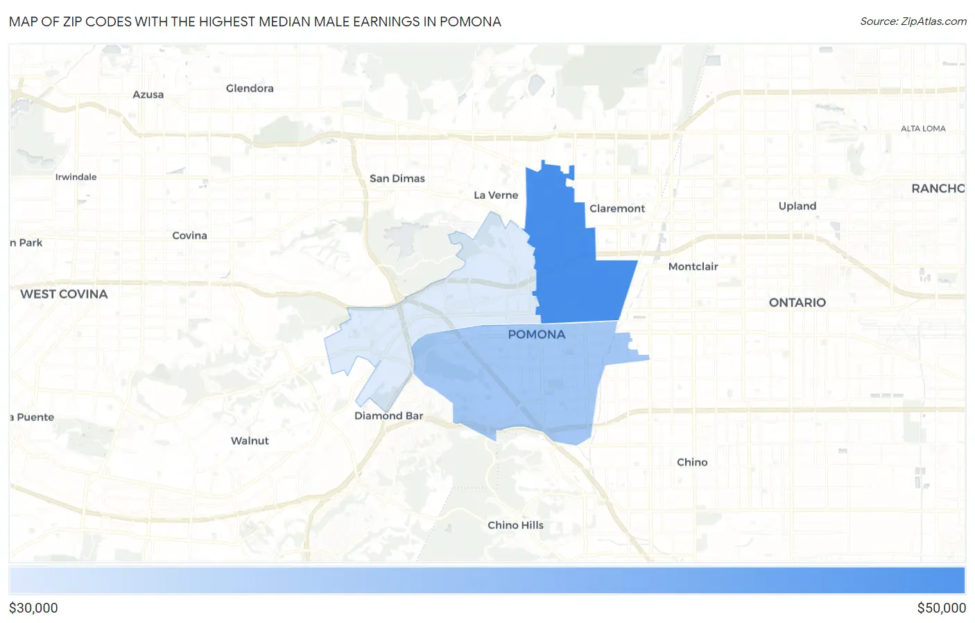 Zip Codes with the Highest Median Male Earnings in Pomona Map