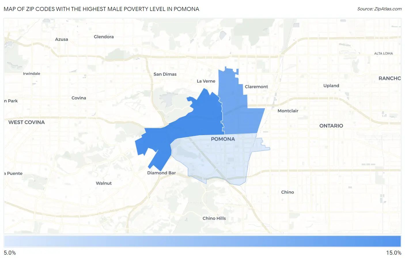 Zip Codes with the Highest Male Poverty Level in Pomona Map
