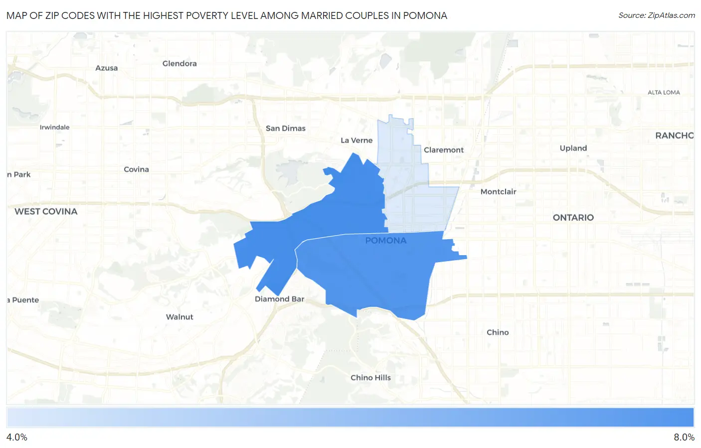 Zip Codes with the Highest Poverty Level Among Married Couples in Pomona Map