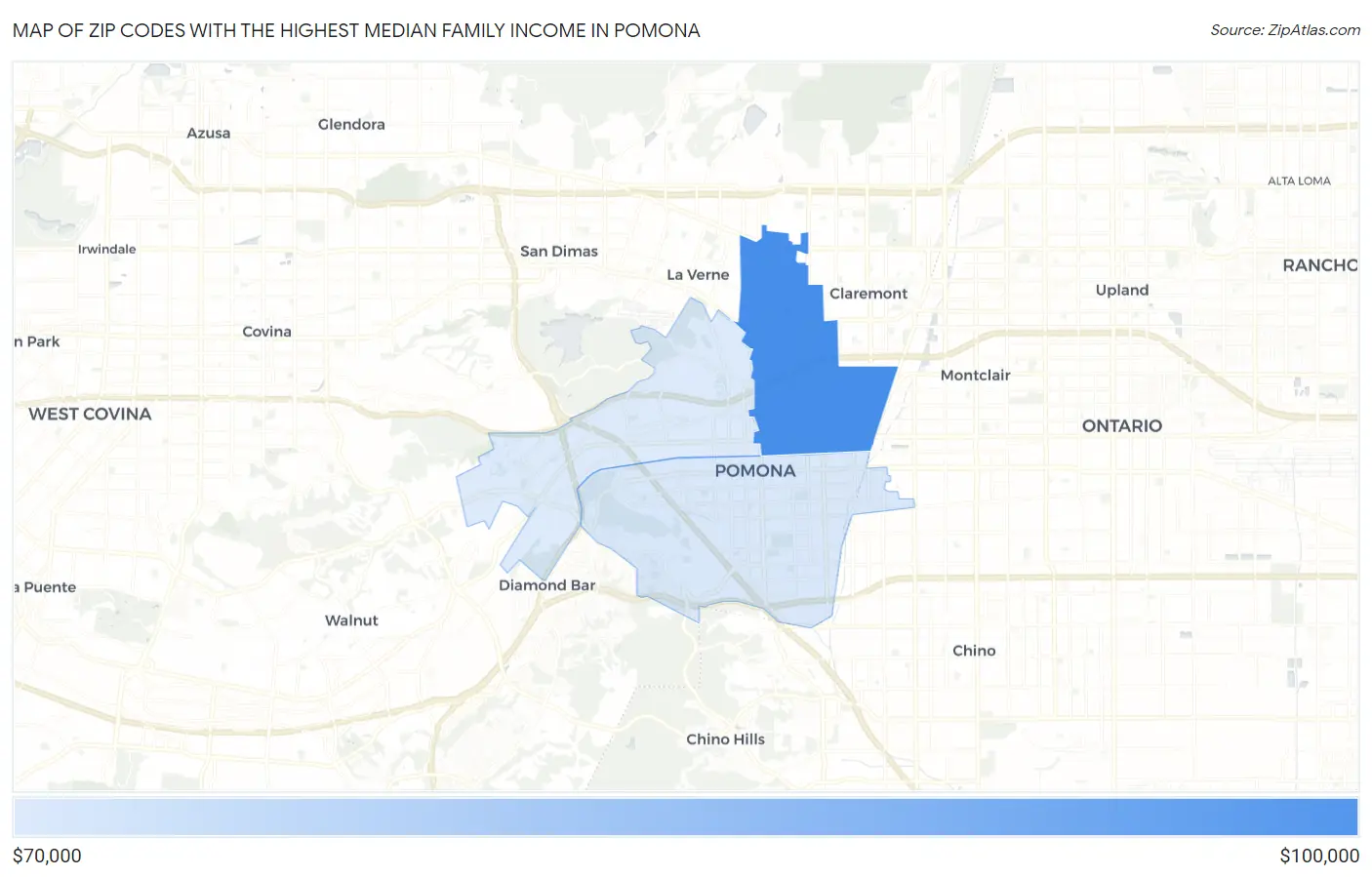 Zip Codes with the Highest Median Family Income in Pomona Map