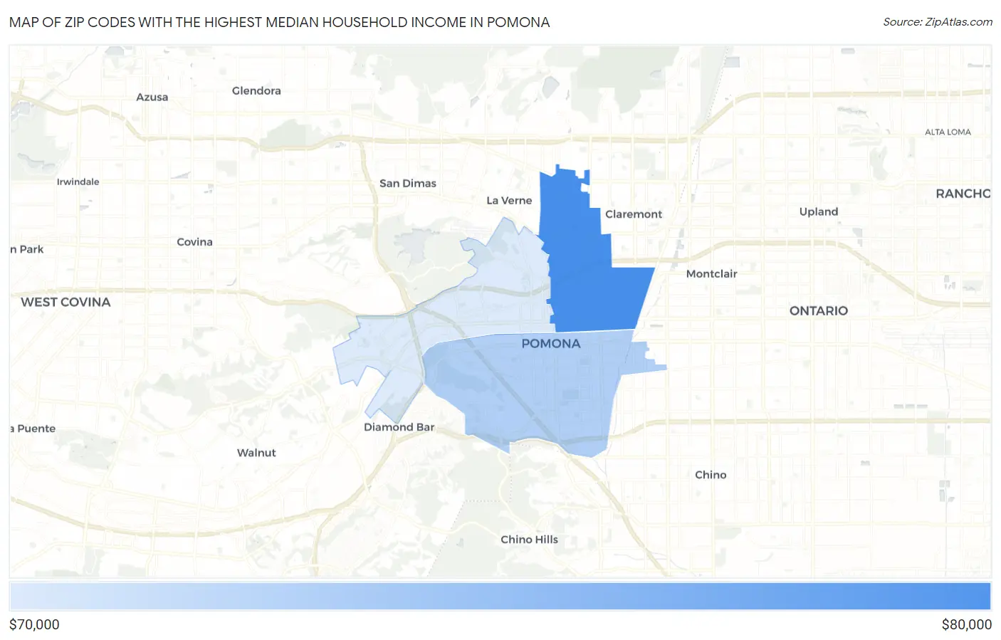 Zip Codes with the Highest Median Household Income in Pomona Map