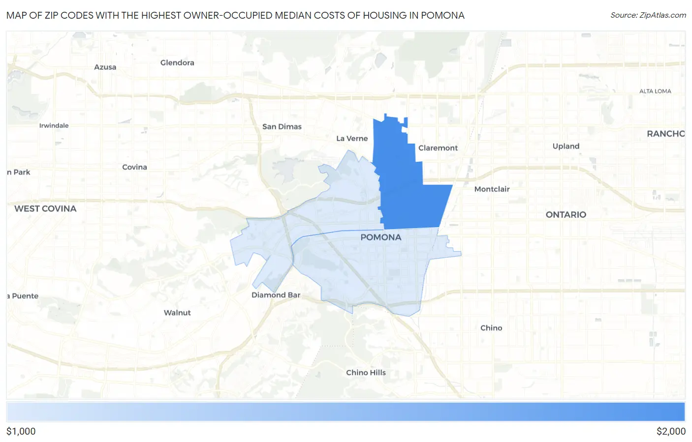 Zip Codes with the Highest Owner-Occupied Median Costs of Housing in Pomona Map