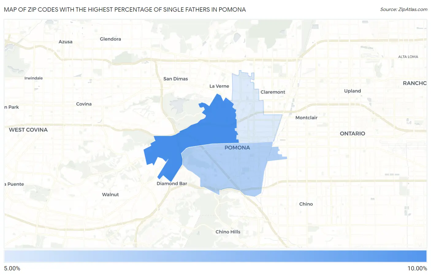 Zip Codes with the Highest Percentage of Single Fathers in Pomona Map
