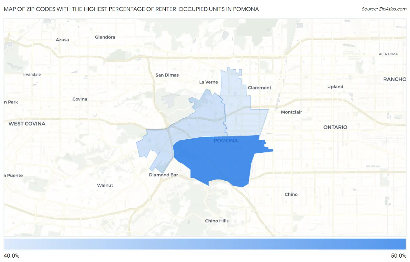 Zip Codes with the Highest Percentage of Renter-Occupied Units in Pomona Map