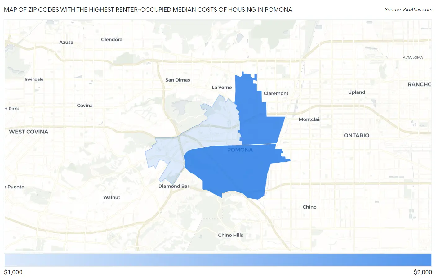 Zip Codes with the Highest Renter-Occupied Median Costs of Housing in Pomona Map