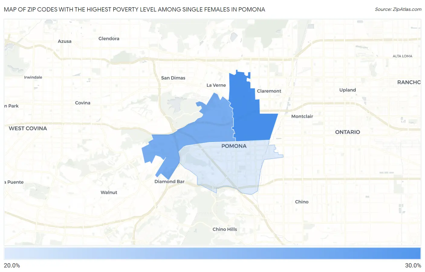 Zip Codes with the Highest Poverty Level Among Single Females in Pomona Map