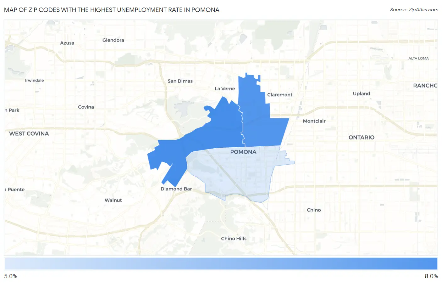 Zip Codes with the Highest Unemployment Rate in Pomona Map