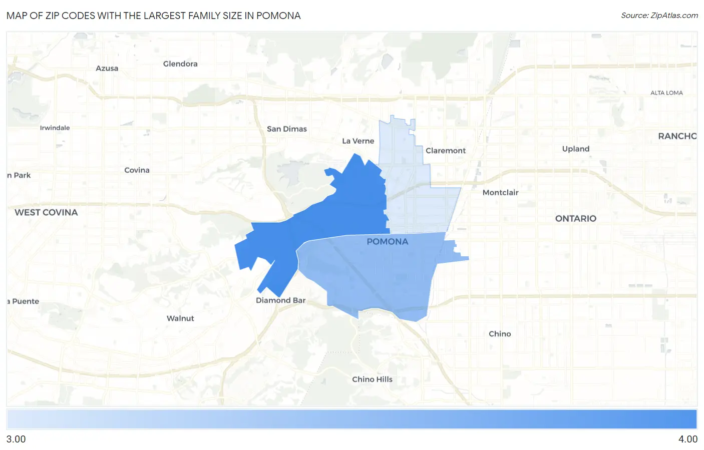 Zip Codes with the Largest Family Size in Pomona Map