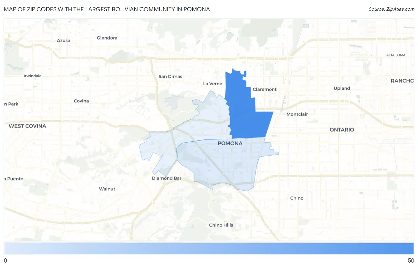 Zip Codes with the Largest Bolivian Community in Pomona Map