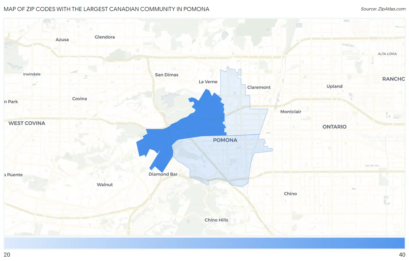 Zip Codes with the Largest Canadian Community in Pomona Map