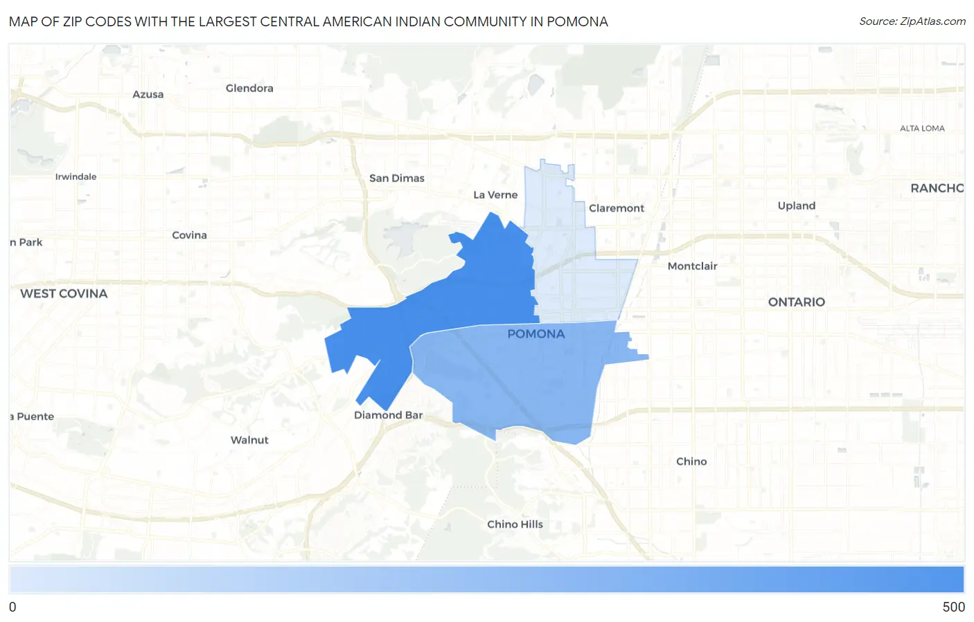 Zip Codes with the Largest Central American Indian Community in Pomona Map