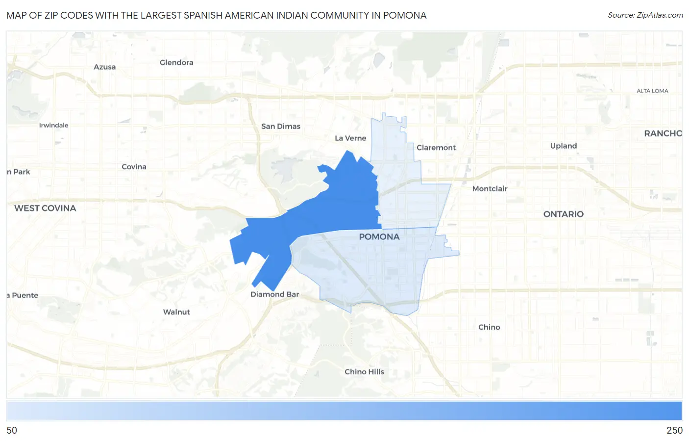 Zip Codes with the Largest Spanish American Indian Community in Pomona Map