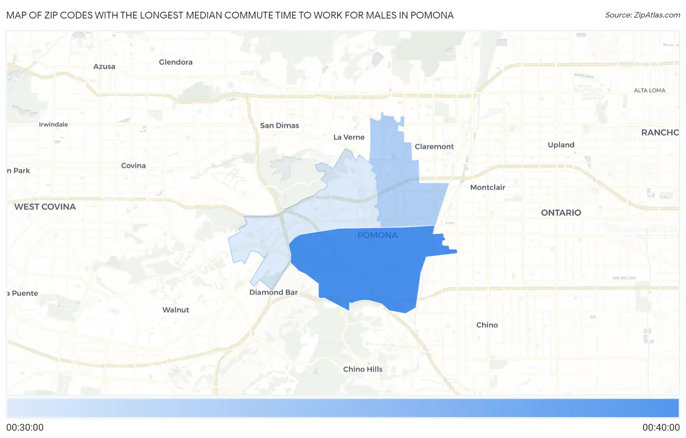 Zip Codes with the Longest Median Commute Time to Work for Males in Pomona Map