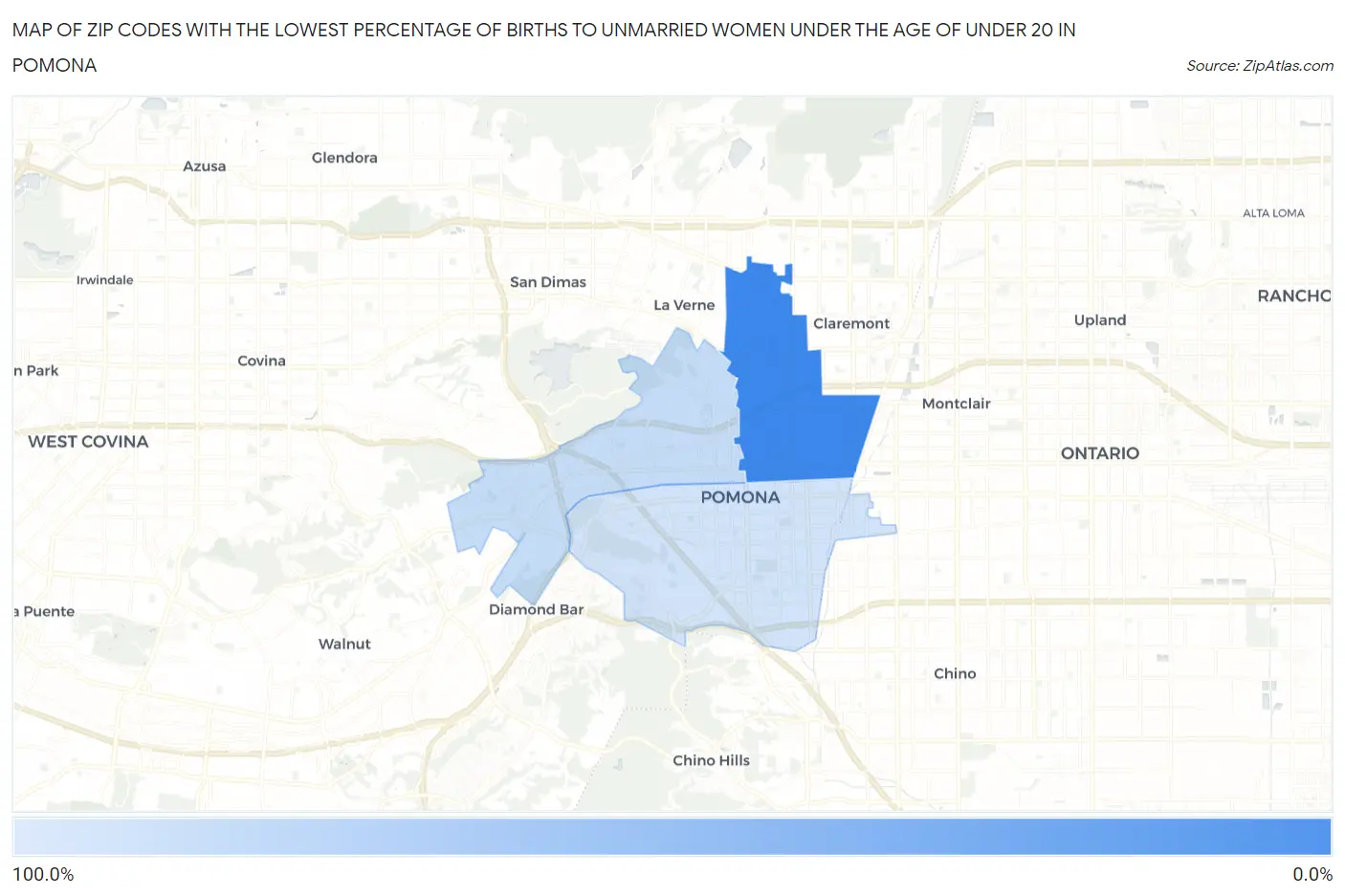 Zip Codes with the Lowest Percentage of Births to Unmarried Women under the Age of under 20 in Pomona Map