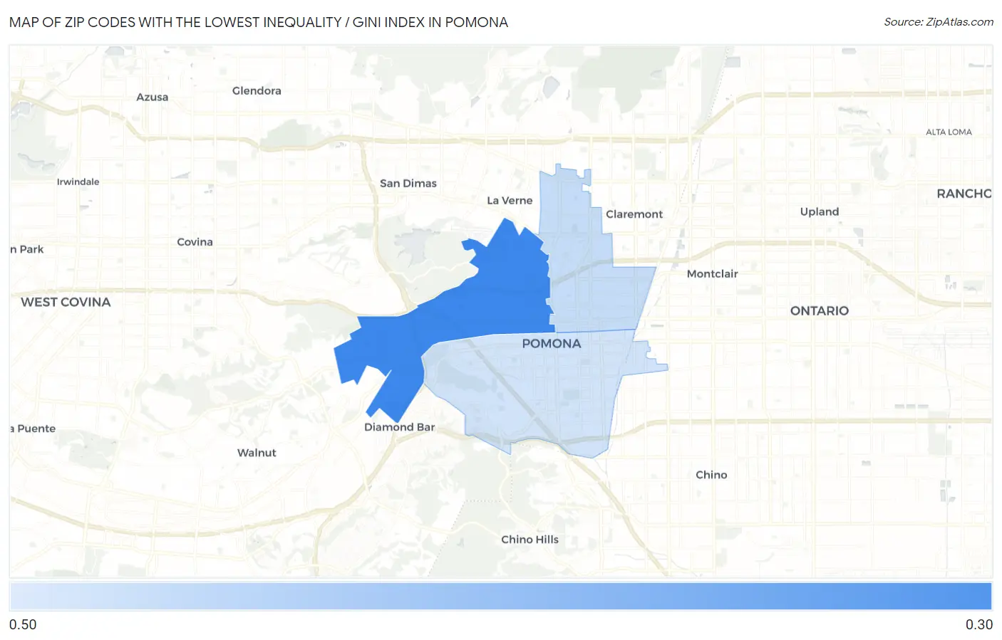 Zip Codes with the Lowest Inequality / Gini Index in Pomona Map