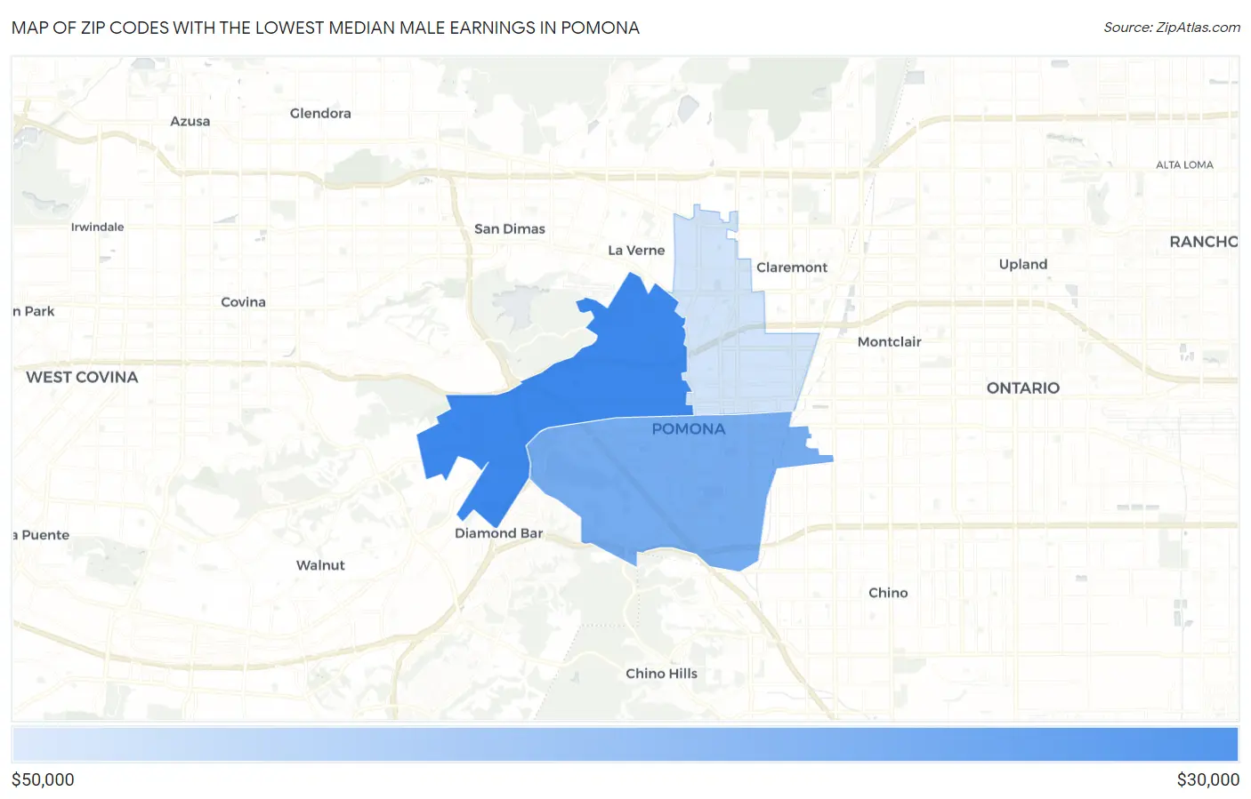 Zip Codes with the Lowest Median Male Earnings in Pomona Map