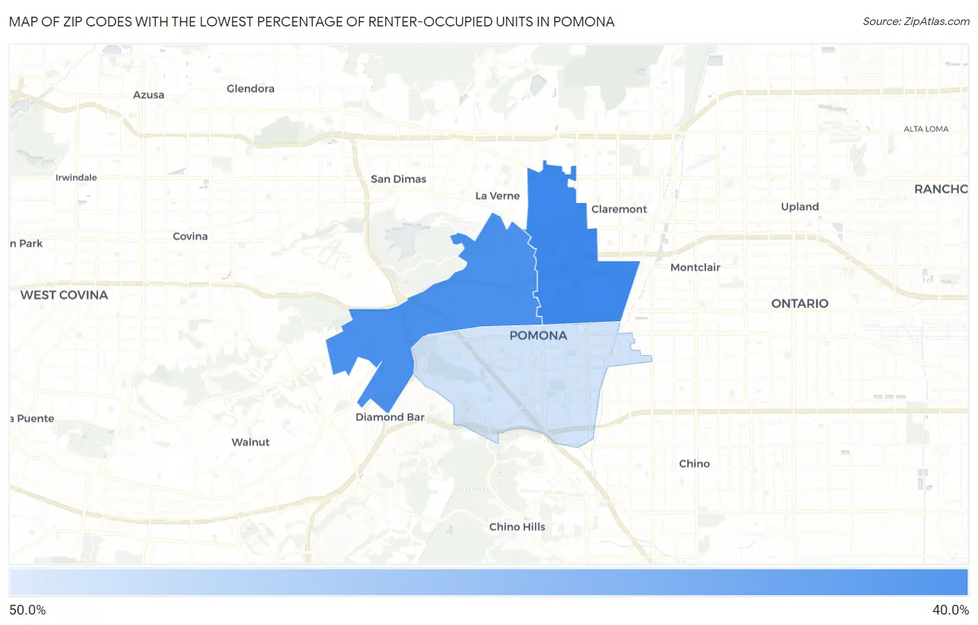Zip Codes with the Lowest Percentage of Renter-Occupied Units in Pomona Map