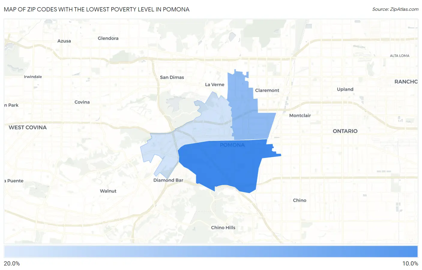 Zip Codes with the Lowest Poverty Level in Pomona Map