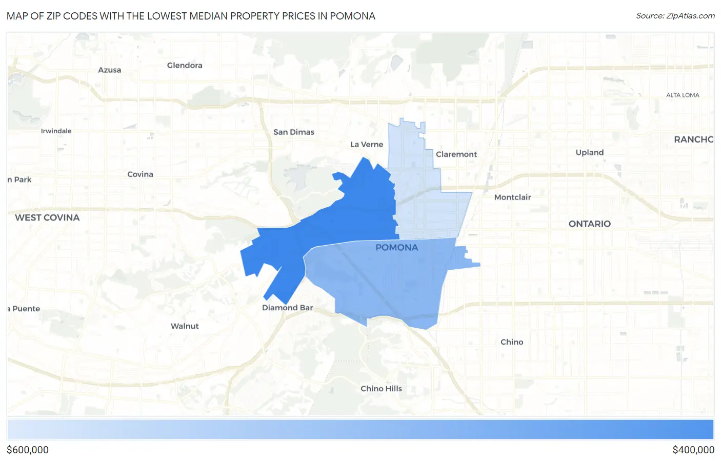 Zip Codes with the Lowest Median Property Prices in Pomona Map