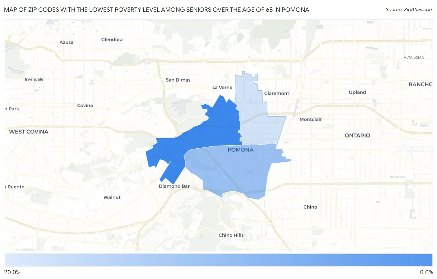 Zip Codes with the Lowest Poverty Level Among Seniors Over the Age of 65 in Pomona Map