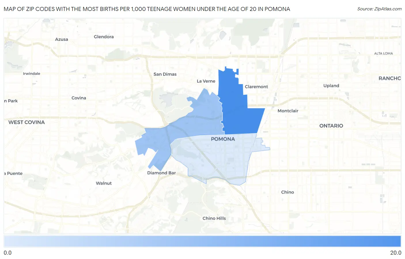 Zip Codes with the Most Births per 1,000 Teenage Women Under the Age of 20 in Pomona Map