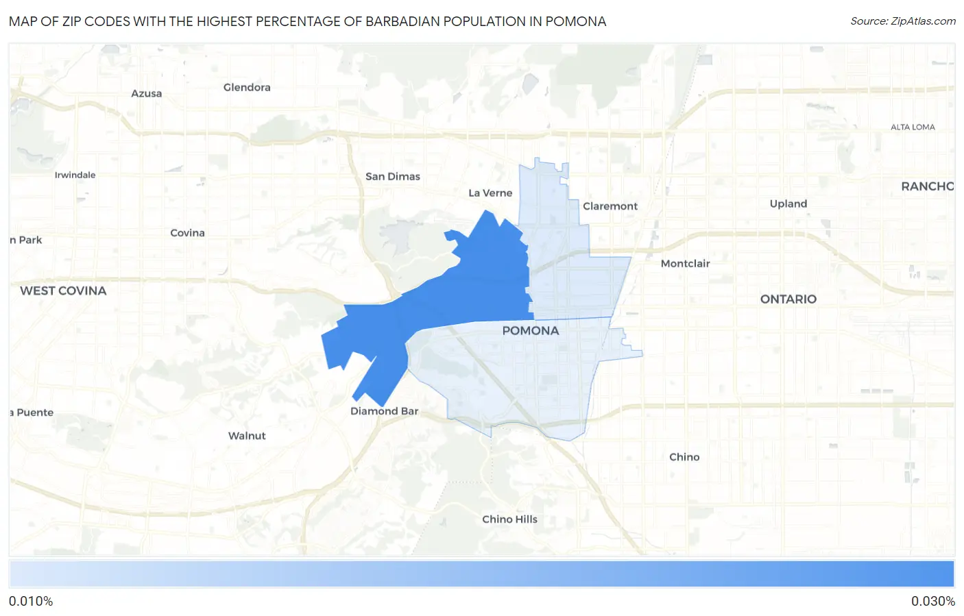 Zip Codes with the Highest Percentage of Barbadian Population in Pomona Map