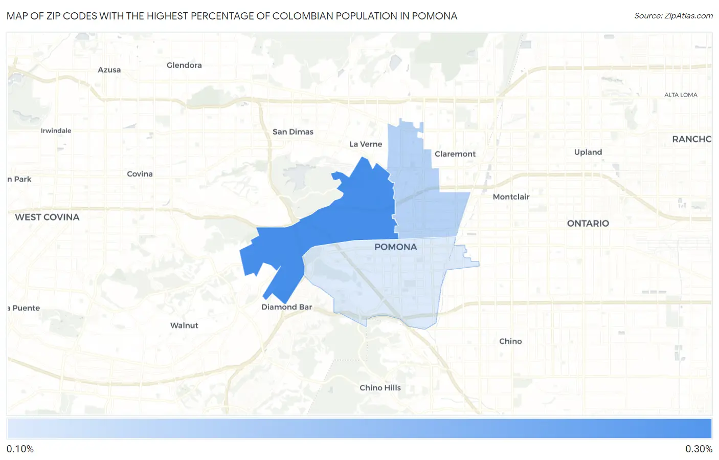 Zip Codes with the Highest Percentage of Colombian Population in Pomona Map