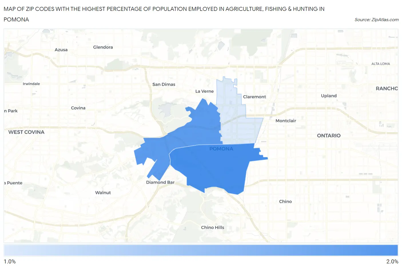 Zip Codes with the Highest Percentage of Population Employed in Agriculture, Fishing & Hunting in Pomona Map
