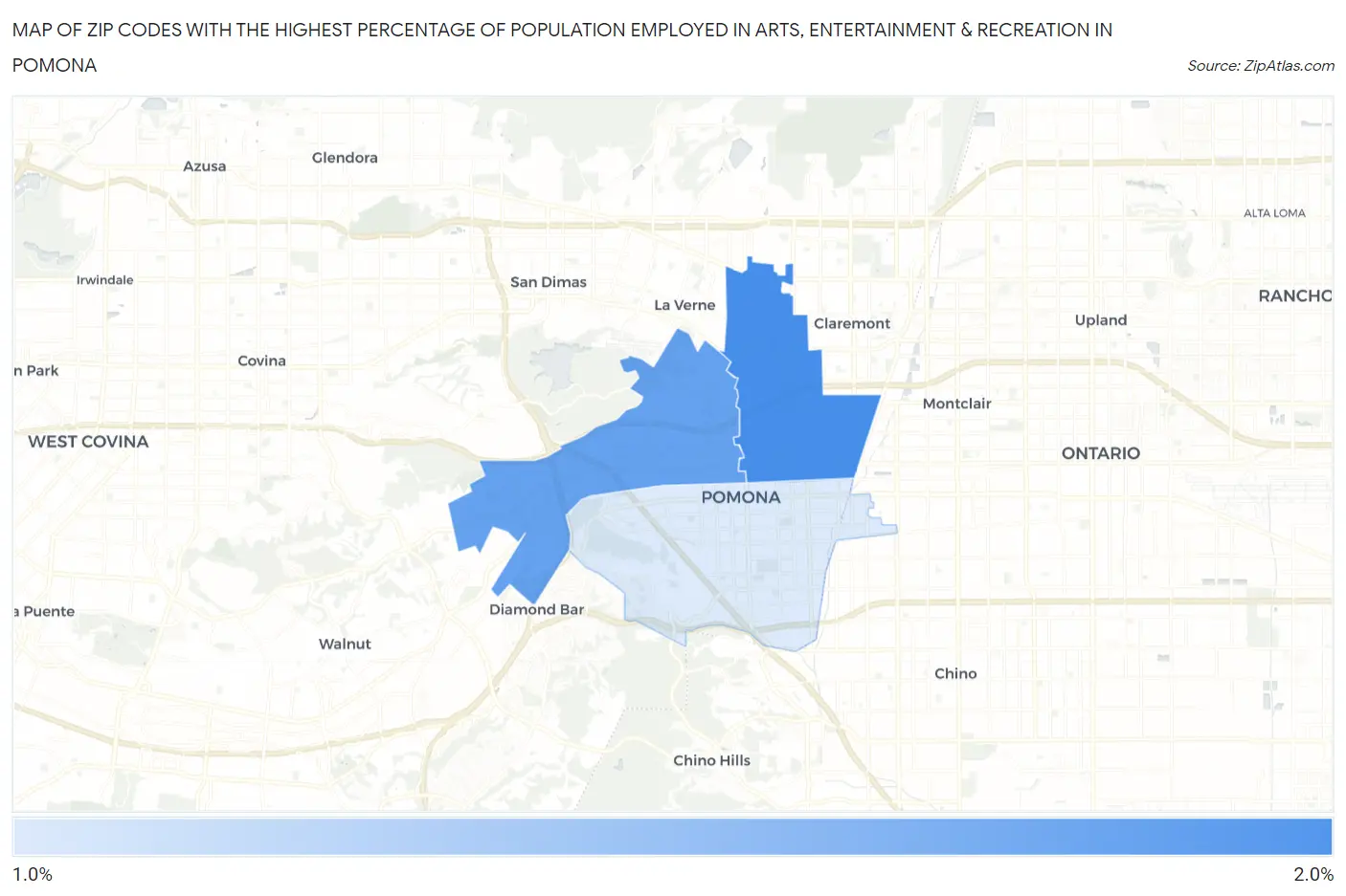 Zip Codes with the Highest Percentage of Population Employed in Arts, Entertainment & Recreation in Pomona Map