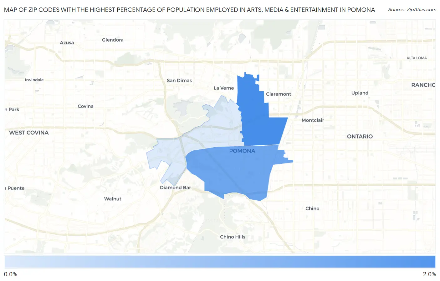 Zip Codes with the Highest Percentage of Population Employed in Arts, Media & Entertainment in Pomona Map