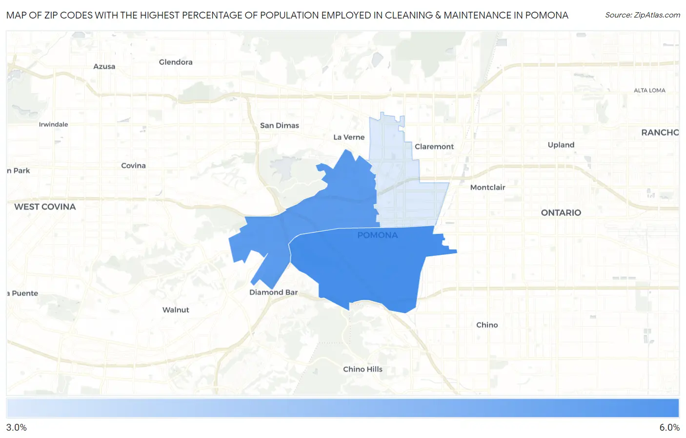 Zip Codes with the Highest Percentage of Population Employed in Cleaning & Maintenance in Pomona Map