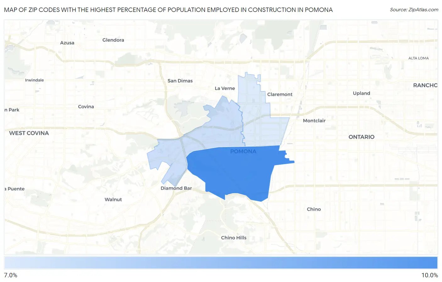 Zip Codes with the Highest Percentage of Population Employed in Construction in Pomona Map