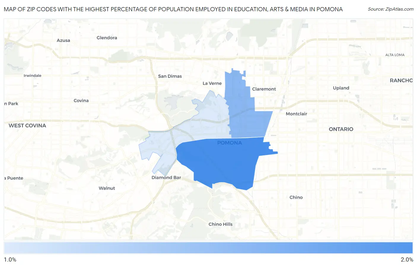 Zip Codes with the Highest Percentage of Population Employed in Education, Arts & Media in Pomona Map