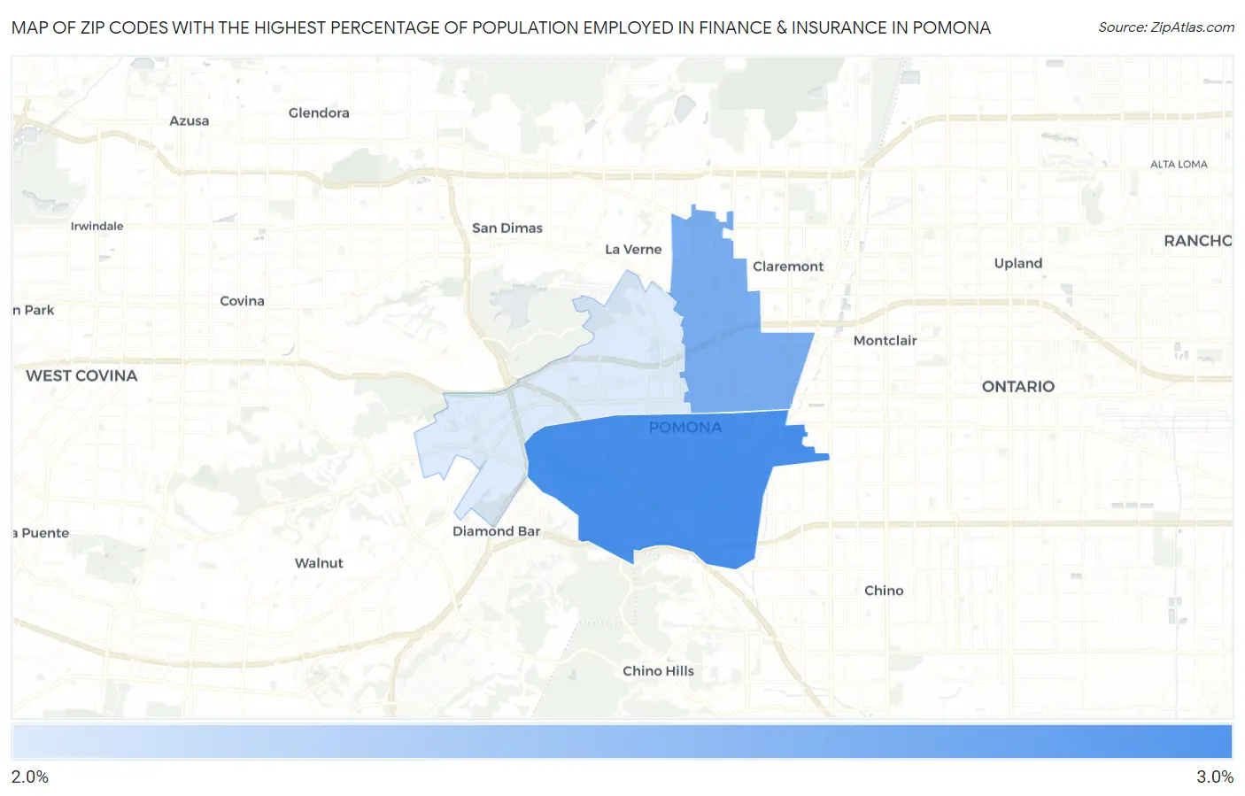 Zip Codes with the Highest Percentage of Population Employed in Finance & Insurance in Pomona Map