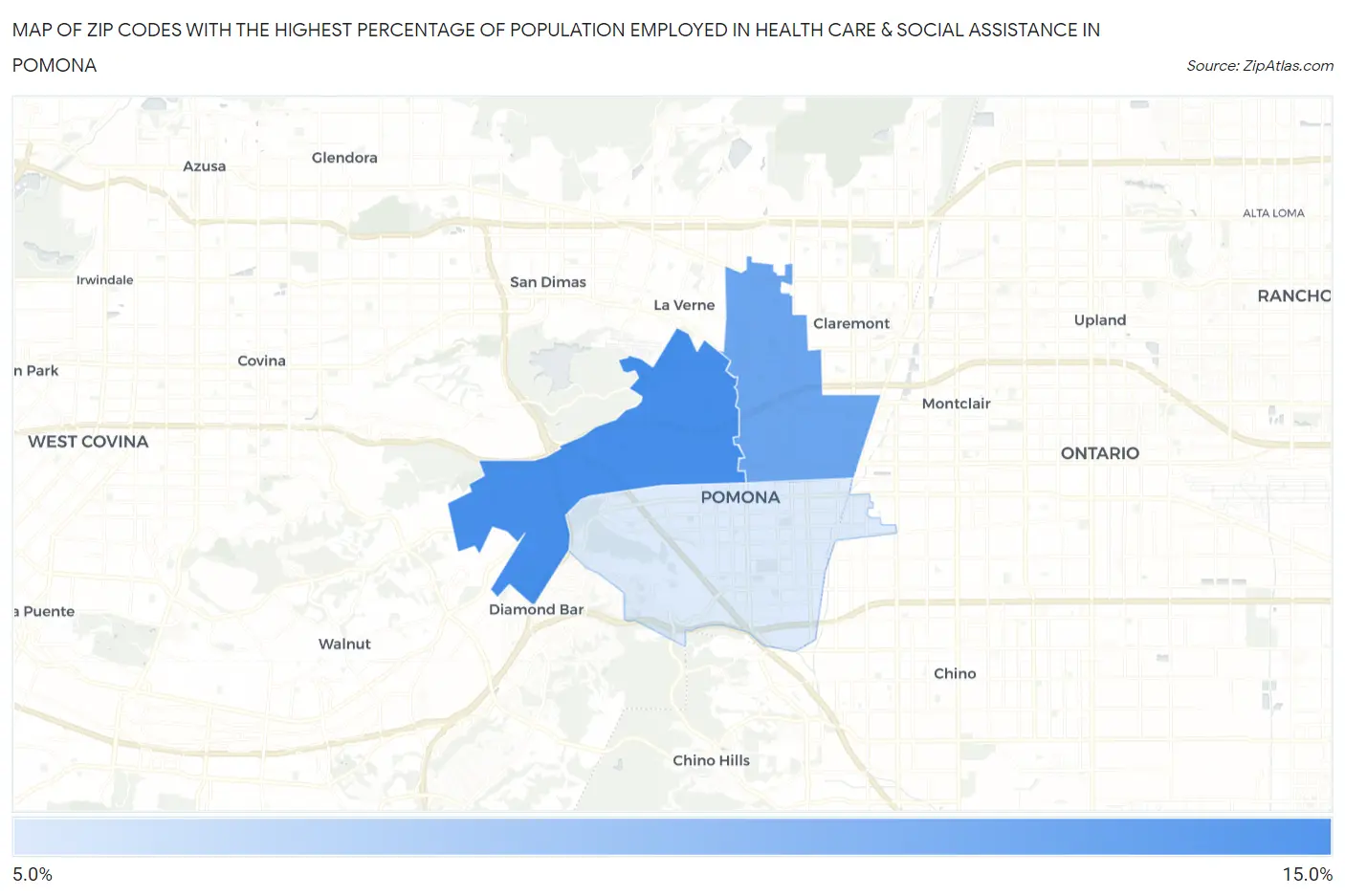 Zip Codes with the Highest Percentage of Population Employed in Health Care & Social Assistance in Pomona Map