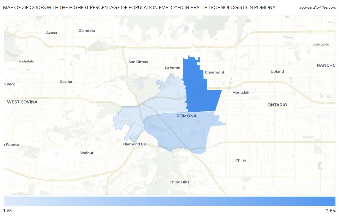 Zip Codes with the Highest Percentage of Population Employed in Health Technologists in Pomona Map