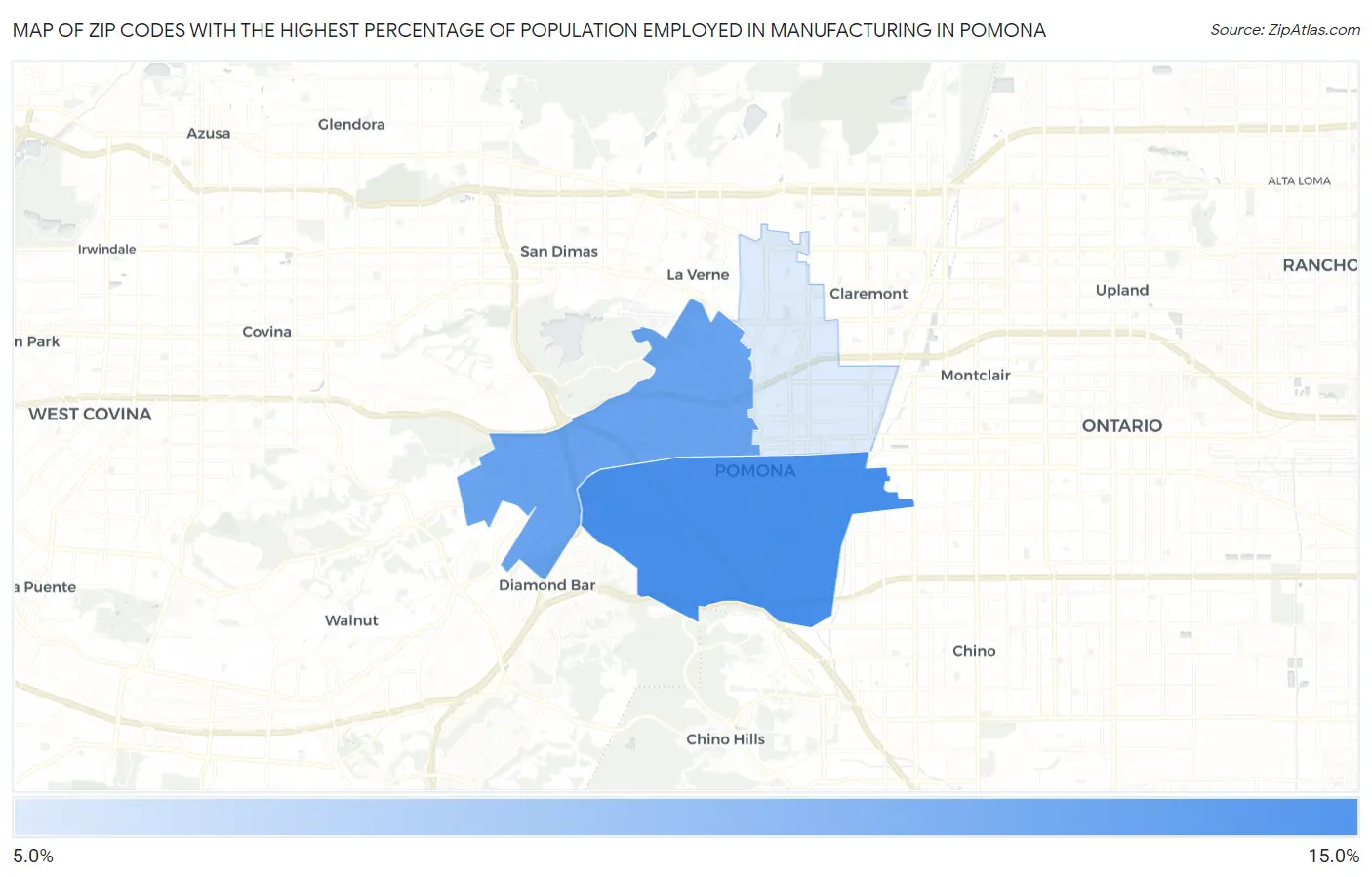 Zip Codes with the Highest Percentage of Population Employed in Manufacturing in Pomona Map
