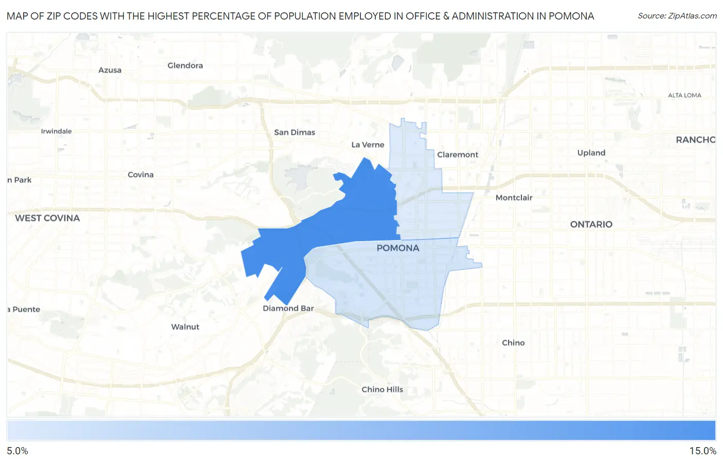 Zip Codes with the Highest Percentage of Population Employed in Office & Administration in Pomona Map