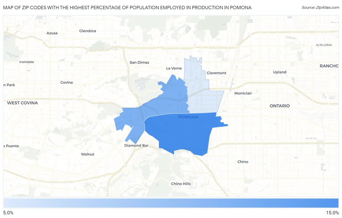 Zip Codes with the Highest Percentage of Population Employed in Production in Pomona Map