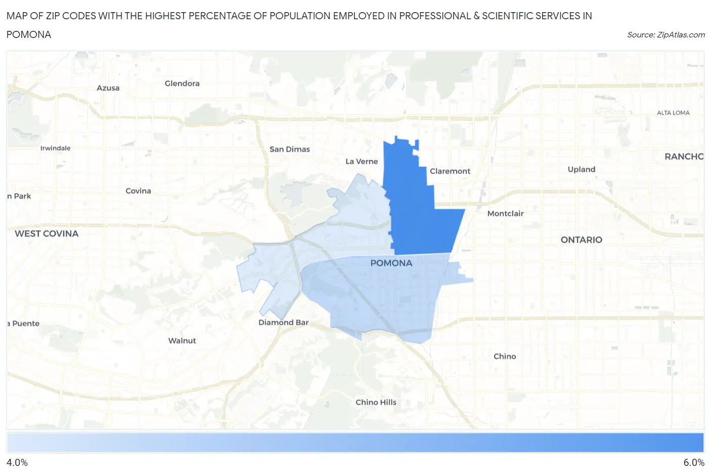 Zip Codes with the Highest Percentage of Population Employed in Professional & Scientific Services in Pomona Map