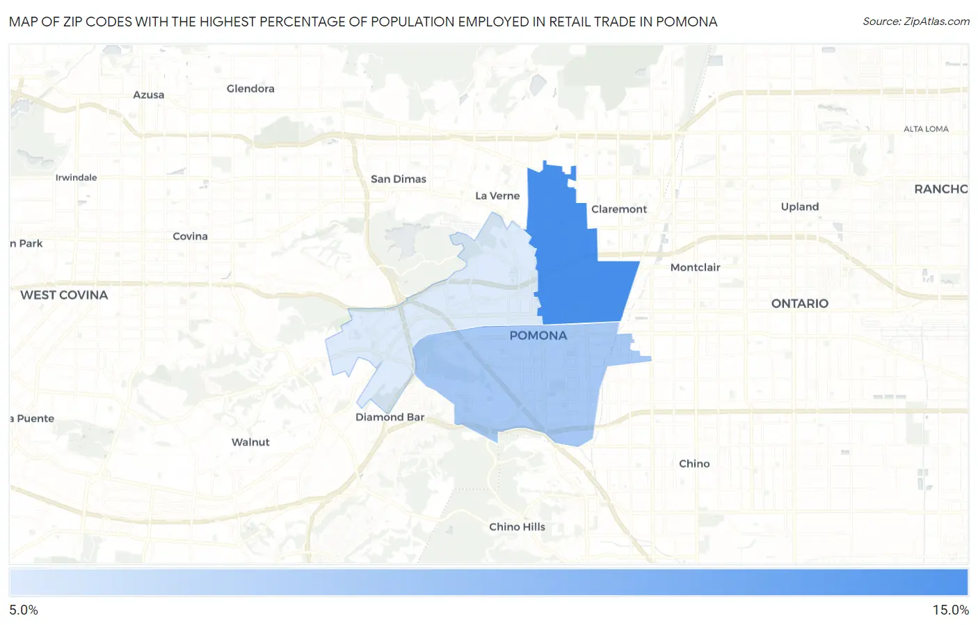 Zip Codes with the Highest Percentage of Population Employed in Retail Trade in Pomona Map