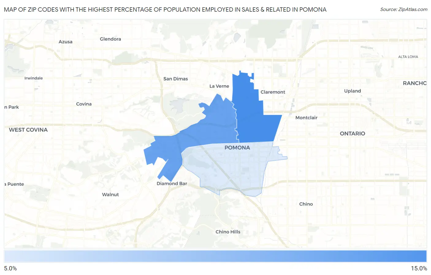 Zip Codes with the Highest Percentage of Population Employed in Sales & Related in Pomona Map