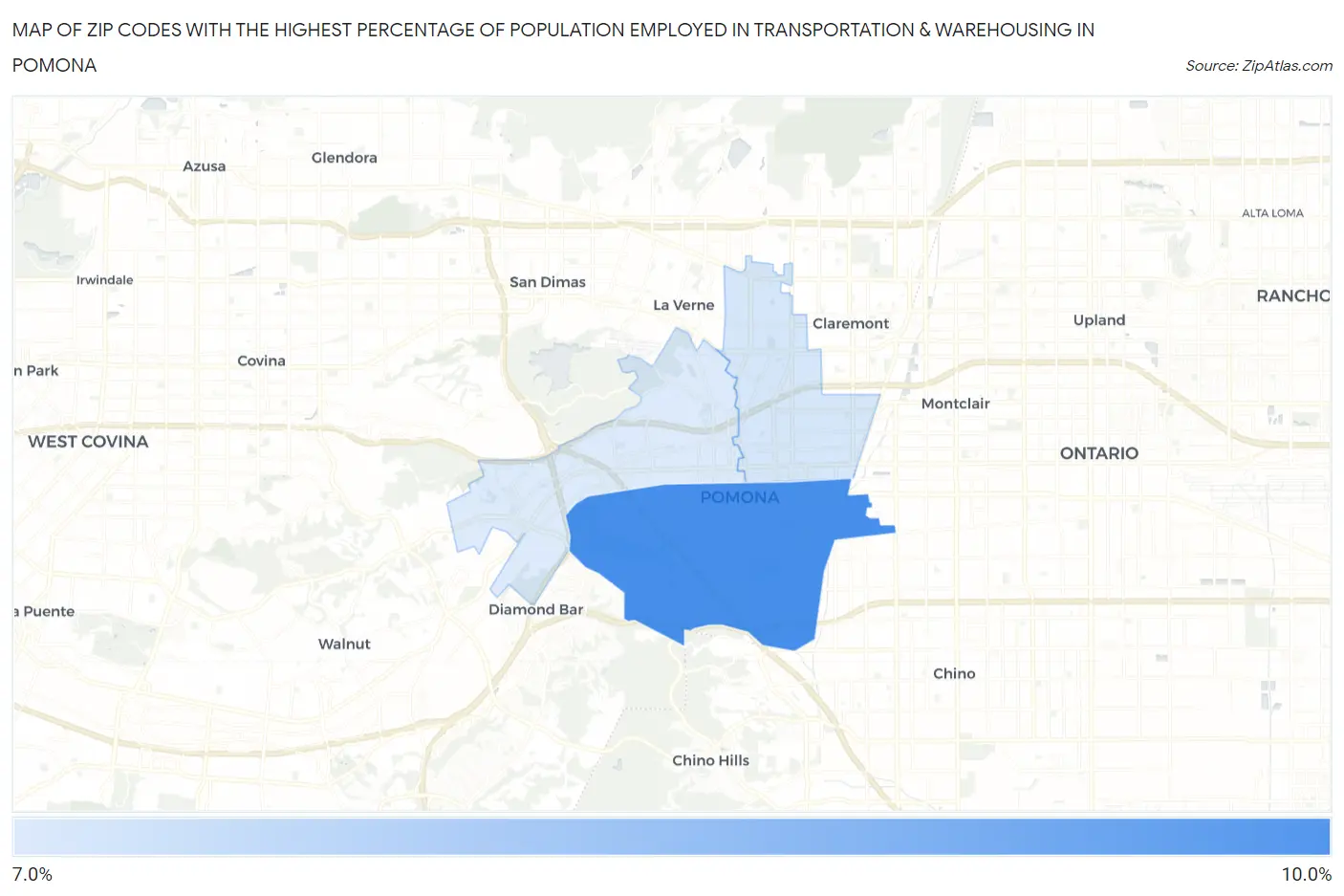 Zip Codes with the Highest Percentage of Population Employed in Transportation & Warehousing in Pomona Map