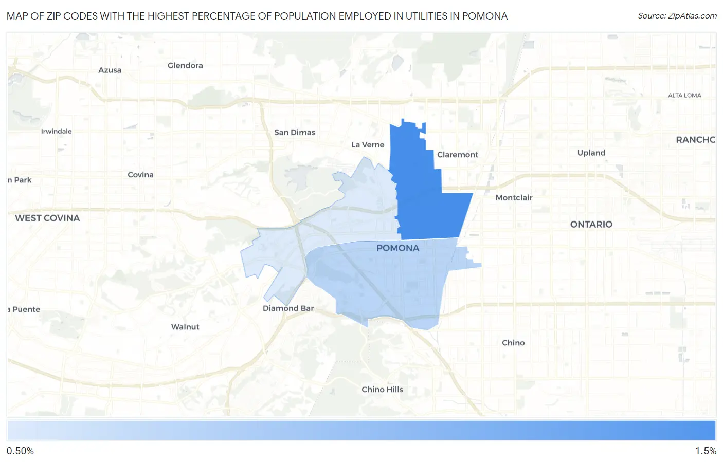 Zip Codes with the Highest Percentage of Population Employed in Utilities in Pomona Map