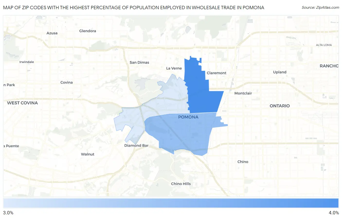 Zip Codes with the Highest Percentage of Population Employed in Wholesale Trade in Pomona Map