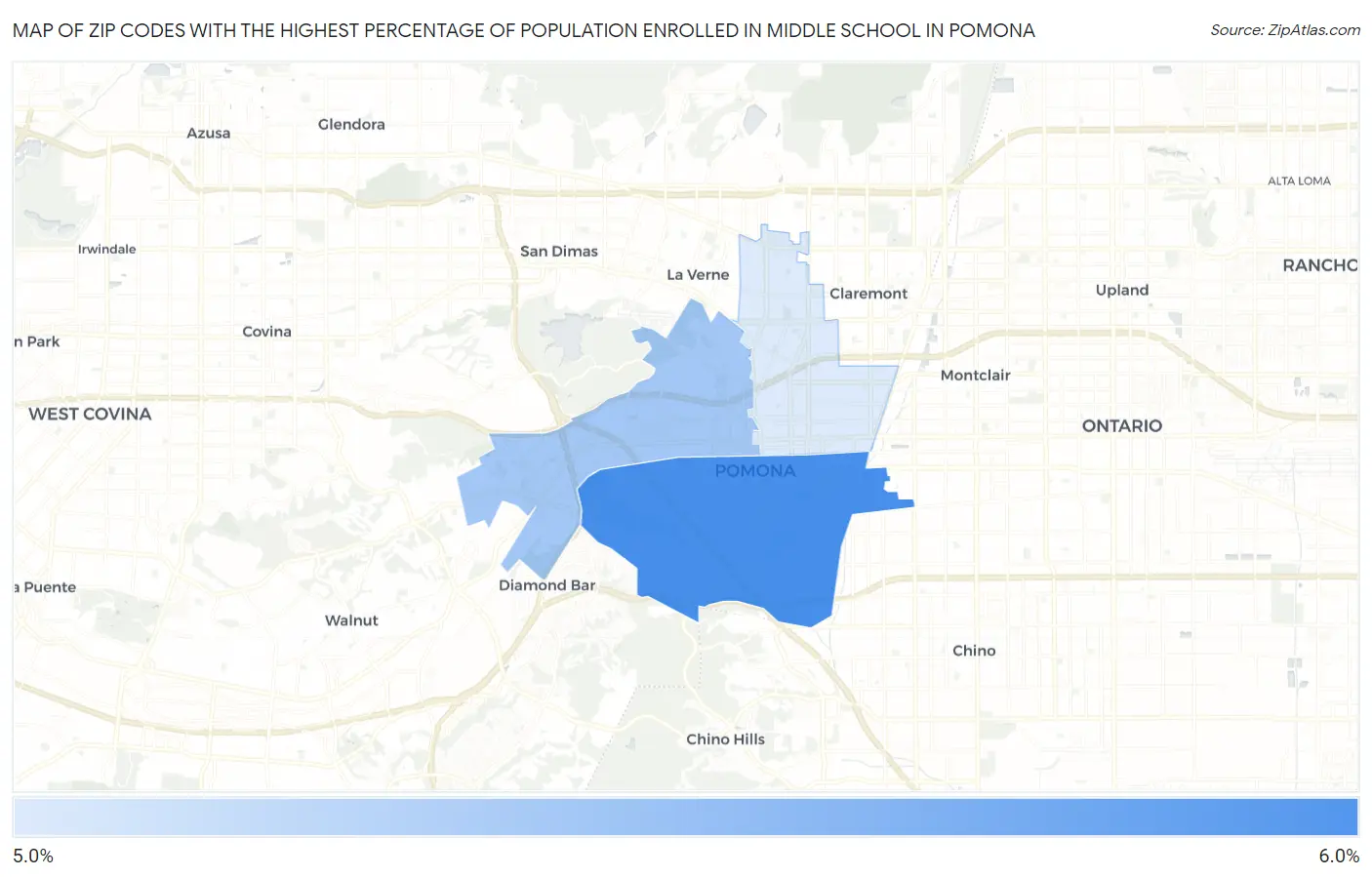Zip Codes with the Highest Percentage of Population Enrolled in Middle School in Pomona Map