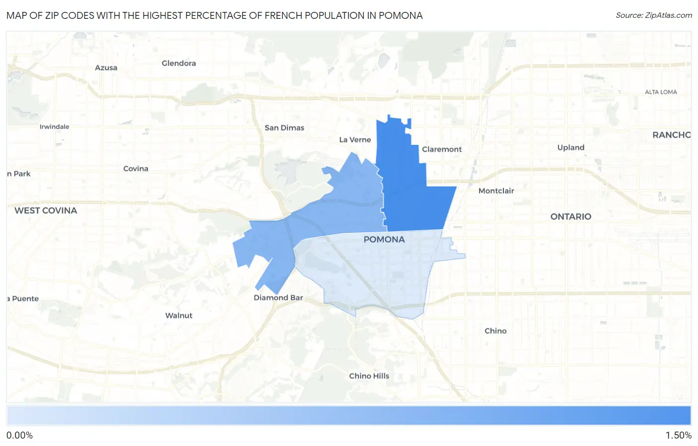 Zip Codes with the Highest Percentage of French Population in Pomona Map