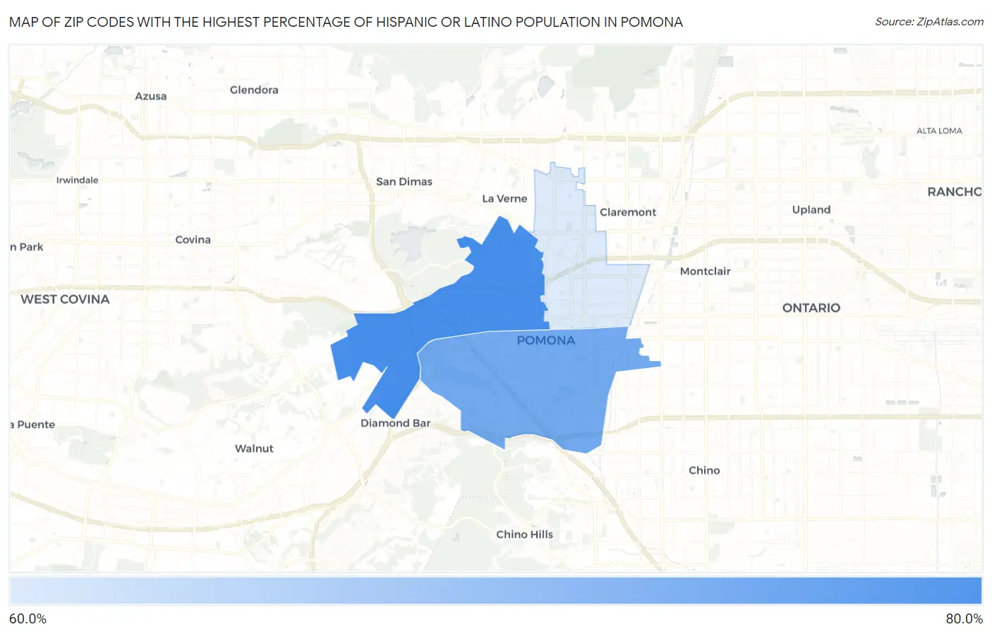 Zip Codes with the Highest Percentage of Hispanic or Latino Population in Pomona Map